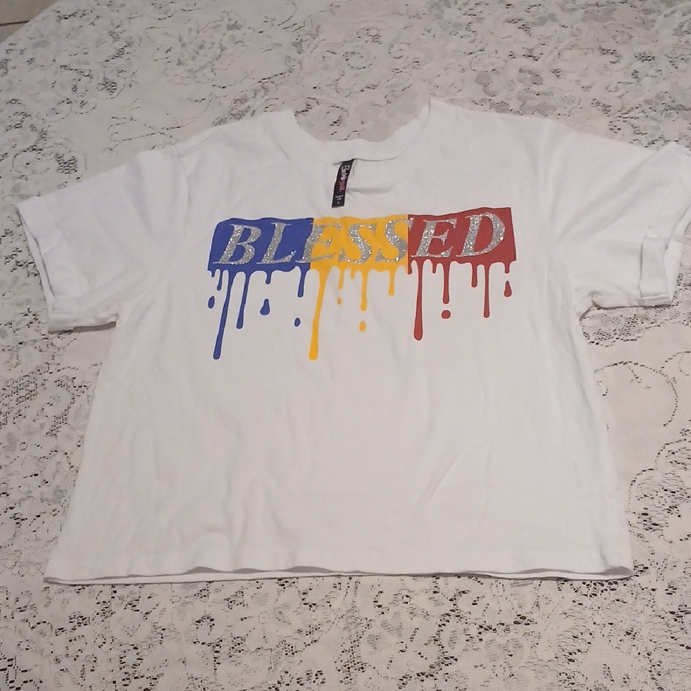 Electric  PINK White Tee with Dripping Graphic sz.SMALL